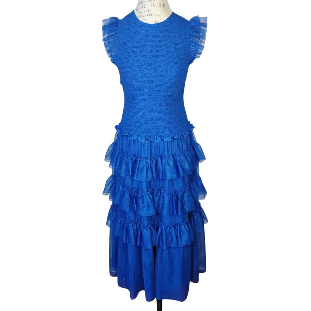 ME+EM Ethereal Tulle Shirred Midi Dress Womens 8 Royal Blue Tiered Wedding Party - Picture 2 of 15